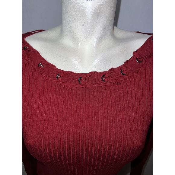 CACHE Women's Size M Burnt Red Knit Bodycon Midi Sweater Dress w/Lacing Trim - Picture 2 of 7